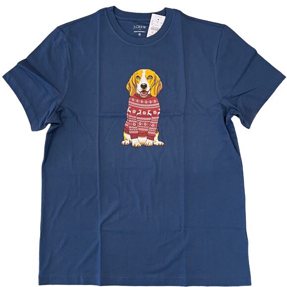 **NWT J. Crew Men's Blue W/Beagle in Christmas Sweater Graphic Tee - SIZE MEDIUM - Picture 2 of 5